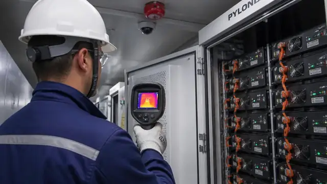 טכנאי מבצע בדיקת בטיחות לארון אגירה עם מכשור מדידה